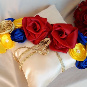 Beauty And The Beast Wedding Ring Pillow Ring Bearer Themed Blue Yellow Gold With Red Roses Wedding Pillows Ring Cushion Pillows Decoration