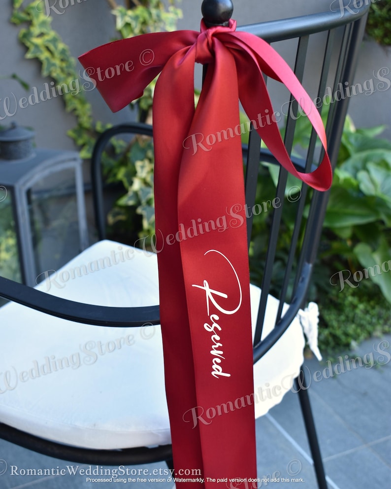Personalized Wedding Chair Seating Ribbon, Vinyl Text, Satin Ribbon Seating Tags, Reserved Seating Tags Wedding Chair Decor Name Place Tags image 6