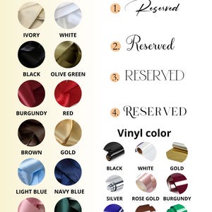May include: A color and font selection chart featuring twelve ribbon colors including ivory, white, black, olive, burgundy, red, brown, gold, light blue, navy, rose gold, and dark green. It includes four font styles and nine vinyl colors.