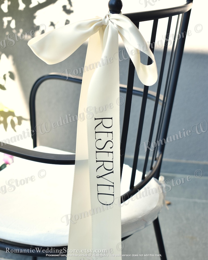 Personalized Wedding Chair Seating Ribbon, Vinyl Text, Satin Ribbon Seating Tags, Reserved Seating Tags Wedding Chair Decor Name Place Tags image 10
