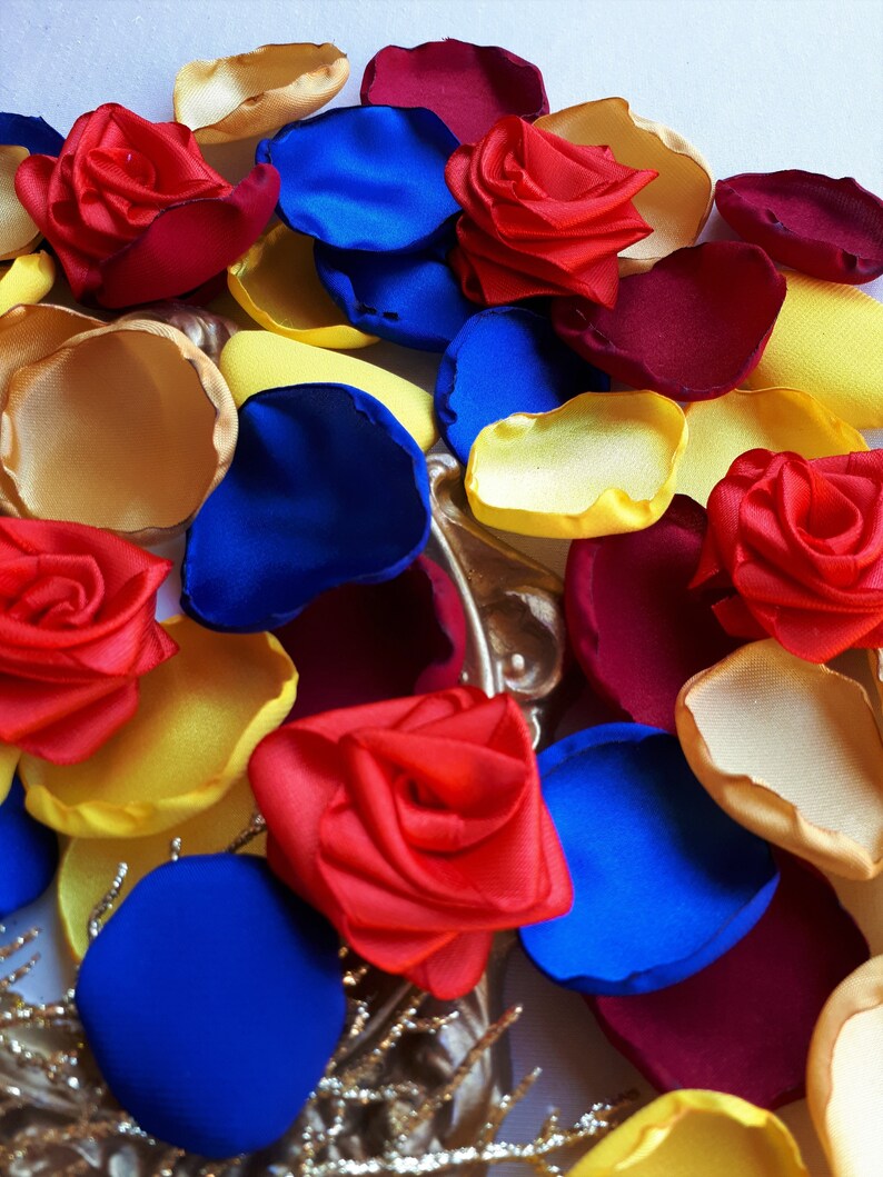 Beauty And The Beast Inspired Burgundy Yellow Gold Royal Blue Rose Petals with Red Roses Disney Wedding Decor Disney Birthday