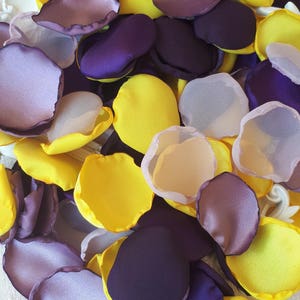 Yellow, Grape, Purple Satin & Dasty Purple Marquisette Rose Petals Mix Summer Wedding Garden Party Purple Bridal Shower Decor Aisle Runner