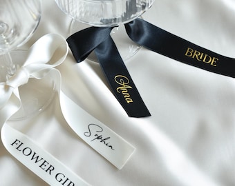 Personalized Wine Glass Ribbon | Vinyl Text Custom Champagne Glass Bow | Satin Ribbon Name Tags | Drink Name Tags | Wedding Name Place Cards