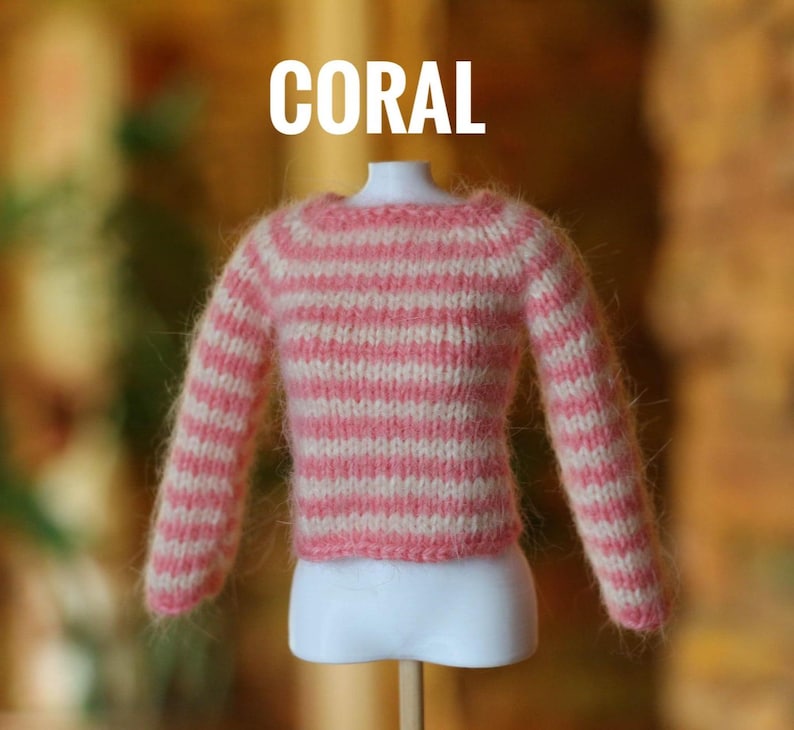 May include: A coral and white striped sweater displayed on a mannequin. The sweater has long sleeves and a round neckline. The word "CORAL" is written in white block letters above the sweater.