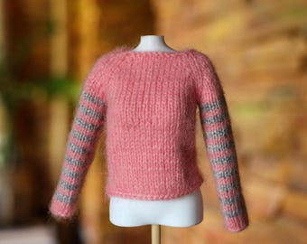 Hand Knit Coral Sweater for Blythe Doll • Soft Fuzzy Doll Pullover • Striped Sleeves Outfit for Blythe
