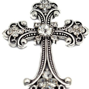 Antique Silver Cross, Large Cross Pendant, Ornate Cross, Huge Silver Cross, Rhinestone cross pendant, clear rhinestone cross pendant, cross