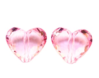 6 Large Pink Heart Beads: transparent, acrylic, faceted, 25X28.5mm, craft supplies