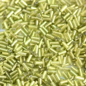 16 Grams Green Yellow bugle beads: Silver Lined, 4-4.5mm, glass