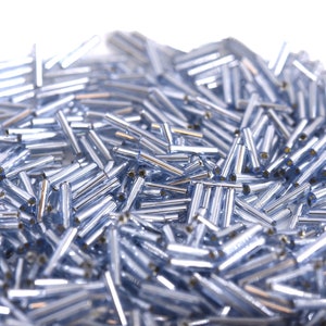 26 Grams Alice Blue Bugle Beads 9mm, Alice Blue Bugle Beads 9mm, Alice Blue Tube Beads 9mm, Silver lined Alice Blue Bugle Beads 9mm