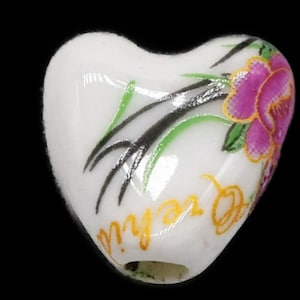 6 Pink Flower Heart Beads, Porcelain Heart Bead with Pink Flowers, Handmade Heart Flower Beads, floral beads, flower beads, heart beads