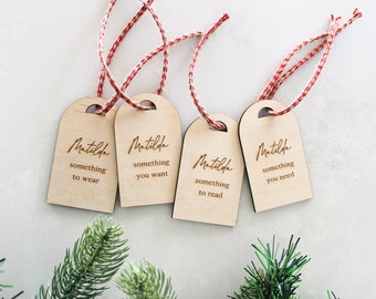 Christmas Gift Tag, Gifting, Xmas, Wood, Present, Kids, Custom Tag, Wooden, Children Xmas, Gift Tag Set, Wear, Read, Want, Need Tag, wooden