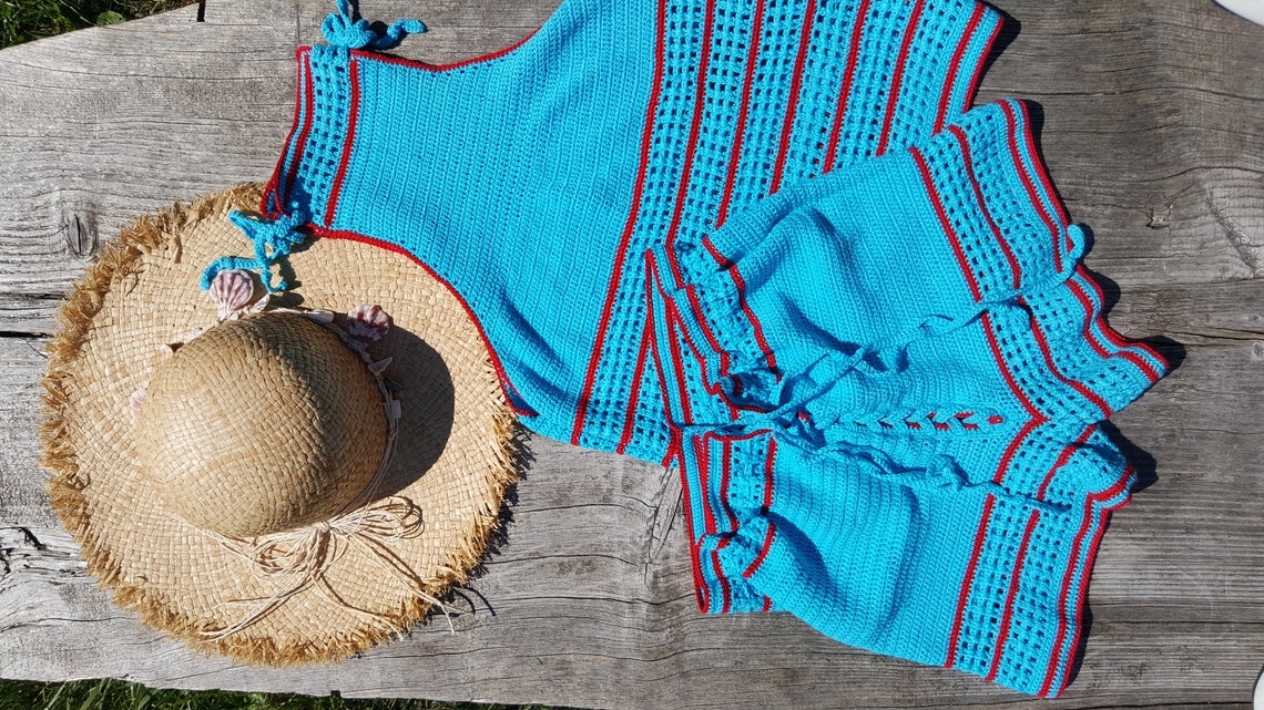 Handmade Knitted Beach Set Top and Shorts Blue Beach Wear Etsy