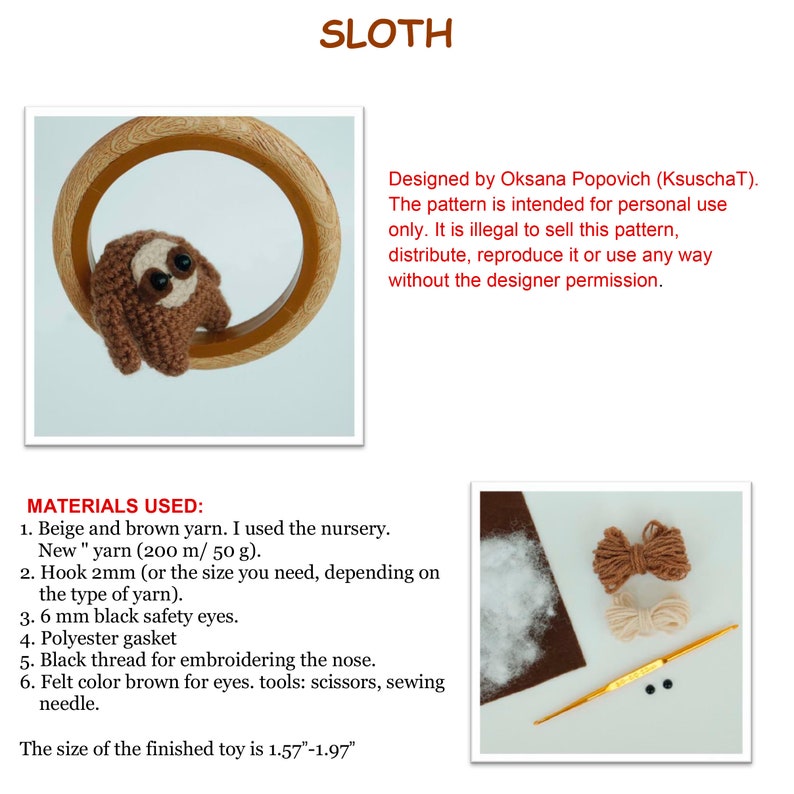 English and Russian keychain animal pattern pdf brooch Sloth crochet pattern