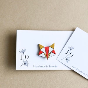 JO handmade wooden origami red, white and gold fox pin/badge, hand-painted
