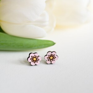 JO handmade wooden pink cherry blossom flower stud earrings