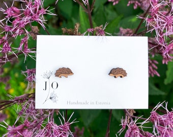 JO handmade wooden brown hedgehog earrings, hand-painted