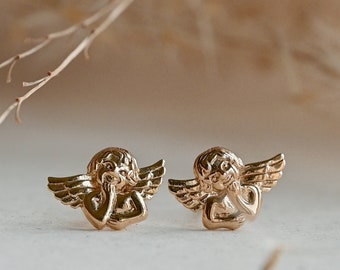 Sterling Silver 925, Gold Plated Angel Stud Earrings, Dainty and Minimalistic