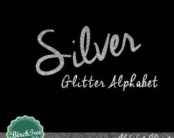 Silver glitter alphabet Clipart, Silver sparkle letters, Silver texture, Silver glitter font, instant download, transparent background