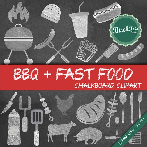 BBQ Chalkboard Clipart - Barbeque Clip Art - Fast Food Clipart - Chalk Images - Transparent Background - Instant Download