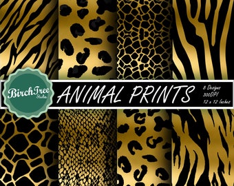 Black & Gold Animal Skin - Animal Print Pattern - Giraffe - Leopard - Snake Skin - Tiger Stripes - Zebra -  Digital Paper - Instant Download