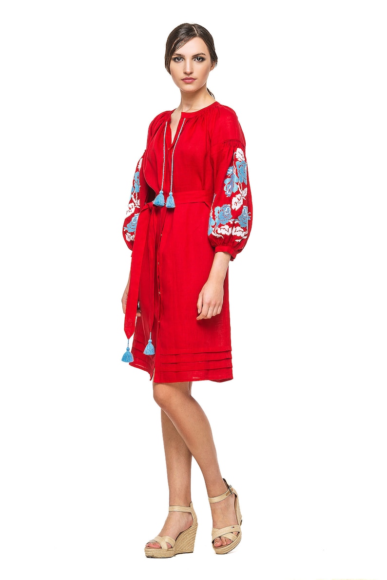 Vyshyvanka Green Linen Embroidered Dress Ukrainian Midi Dress Etsy