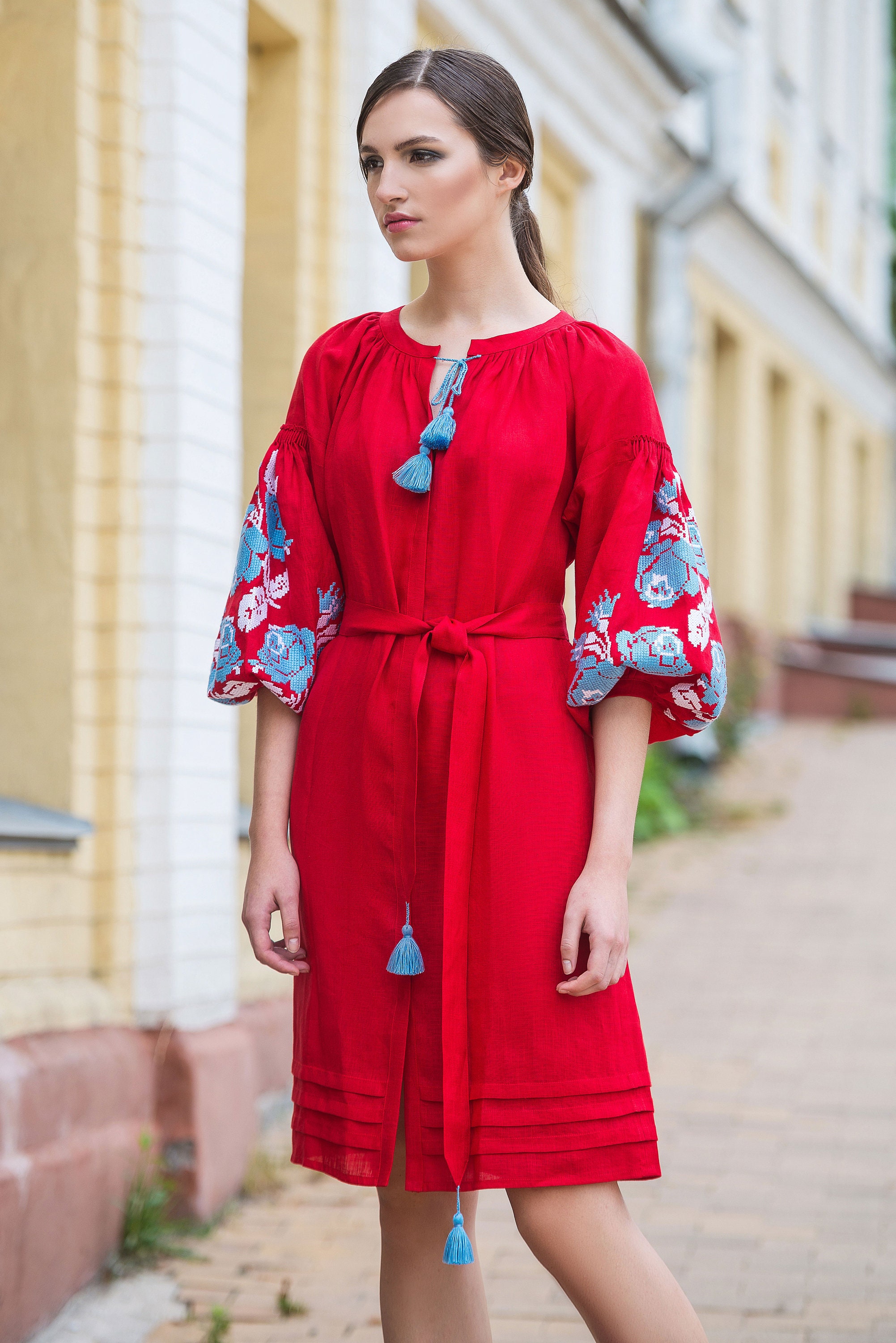 Vyshyvanka Green Linen Embroidered Dress Ukrainian Midi Dress | Etsy