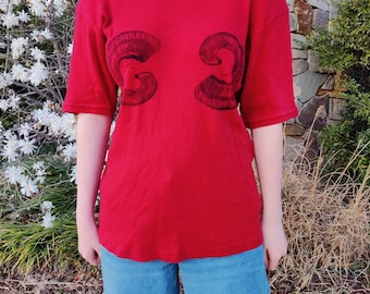 Handprinted Horns Red Short Sleeve Shirt Upcycled - Size Large