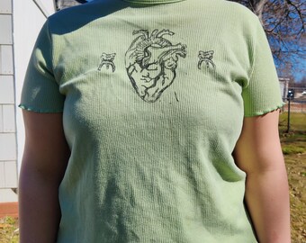 Handprinted Heart and Tooth Light Green Short Sleeve Shirt Upcycled - Size Large