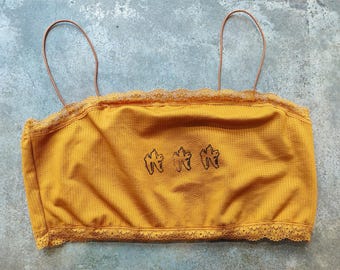 Handprinted Coyote Tooth Gold Bralette with Lace Upcycled - Size XL