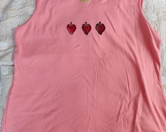 Handprinted Strawberry Pink Flower Embroidered Tank Top Upcycled - Size XL