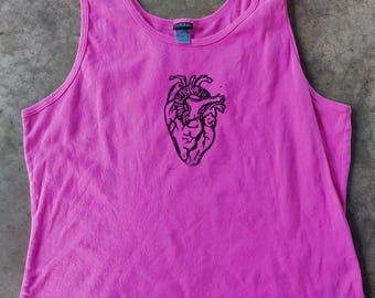 Handprinted Heart Pink Tank Top Upcycled - Size 2XL