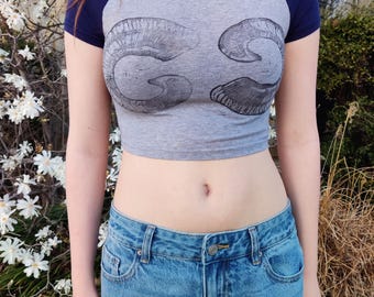 Handprinted Horns Grey and Blue Cropped Short Sleeve Upcycled - Size XS