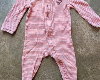 Handprinted Strawberry Pink and White Stripped Footed Onesie - Size 6-9M