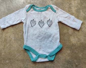 Handprinted Strawberry Grey and Green Baby Long Sleeve Onesie Upcycled - Size 3/6M