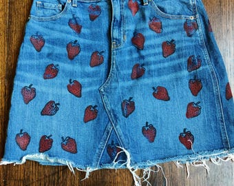 Handprinted Strawberry Skirt Upcycled - Size 4
