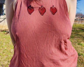 Handprinted Strawberry Pink Tank Top Upcycled - Size 14