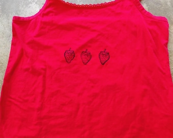 Handprinted Strawberry Red Tank Top Upcycled - Size 14/16