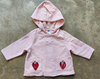 Handprinted Strawberry Pink Baby Jacket Upcycled - Size 0-3M