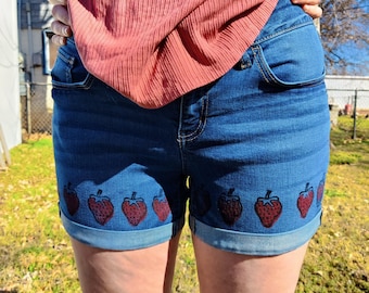 Handprinted Strawberry Shorts Upcycled - Size 11