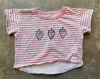 Handprinted Strawberry Pink and White Toddler Shirt Upcycled - Size 2T