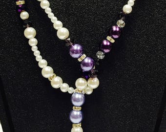 Purple and White Pearl Drop Thru Necklace