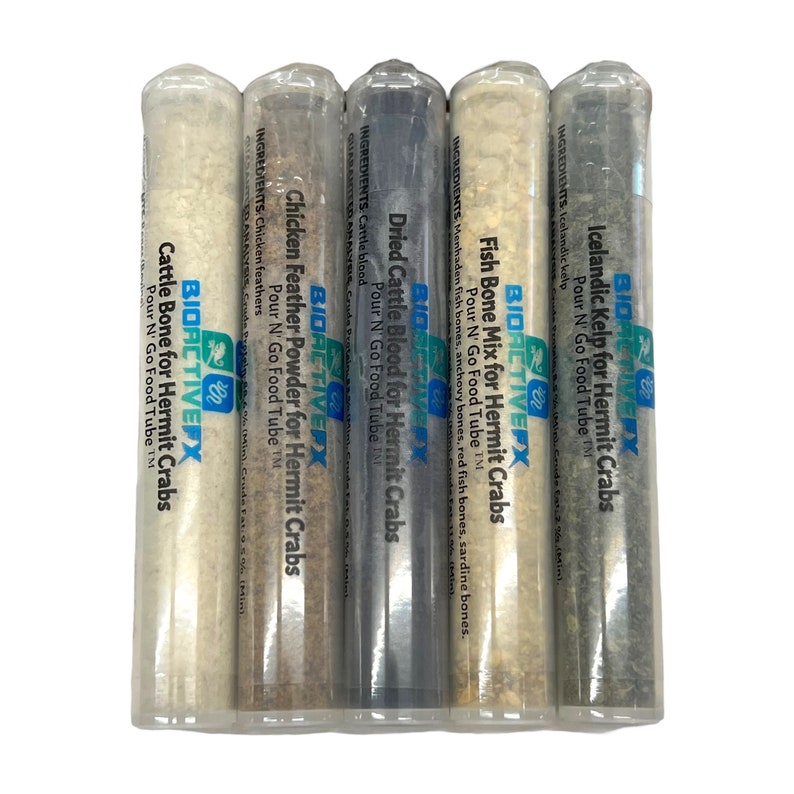 May include: Five clear plastic tubes containing different types of food for hermit crabs. The labels read "BIOACTIVEFX" and list the ingredients for each type of food: Cattle Bone, Dried Cattle Blood, Chicken Feather Powder, Fish Bone Mix, and Icelandic Kelp.