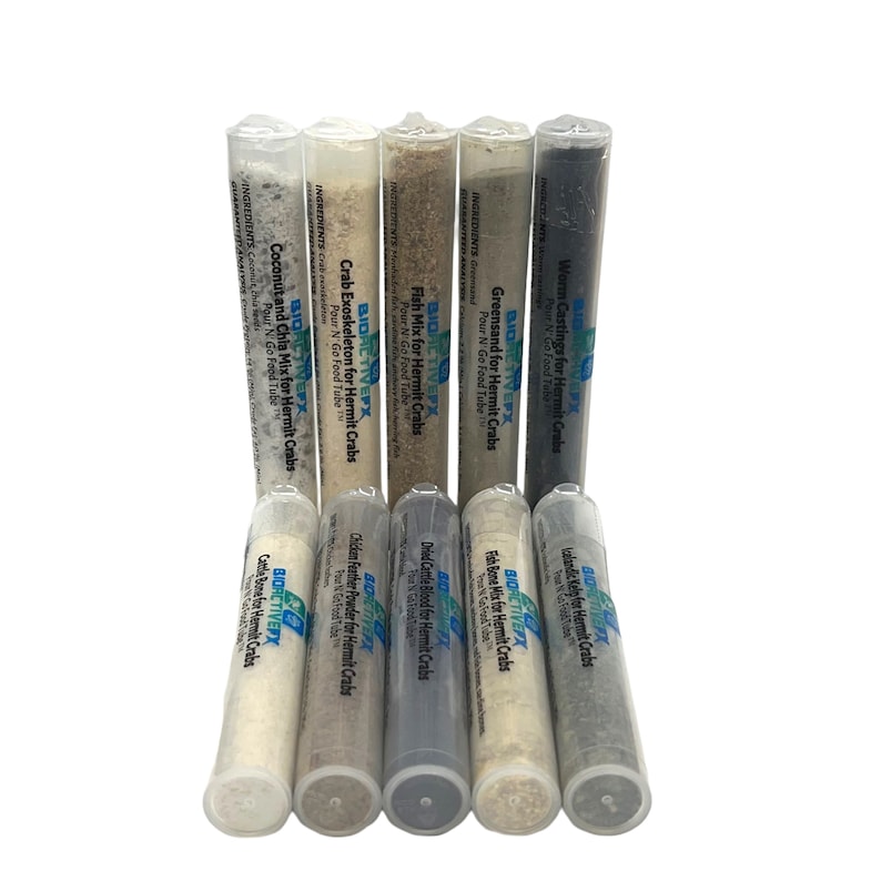 May include: Eight clear plastic tubes containing different types of food for hermit crabs. The tubes are labeled with the ingredients and the brand name "BIOACTIVEPX".