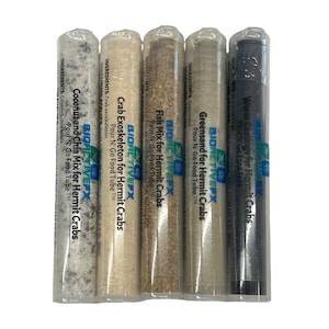 May include: Five clear plastic tubes containing different types of food for hermit crabs. The tubes are labeled with the ingredients and the brand name "BIOACTIVEFX". The labels also say "Pour N' Go Food Tube TM".