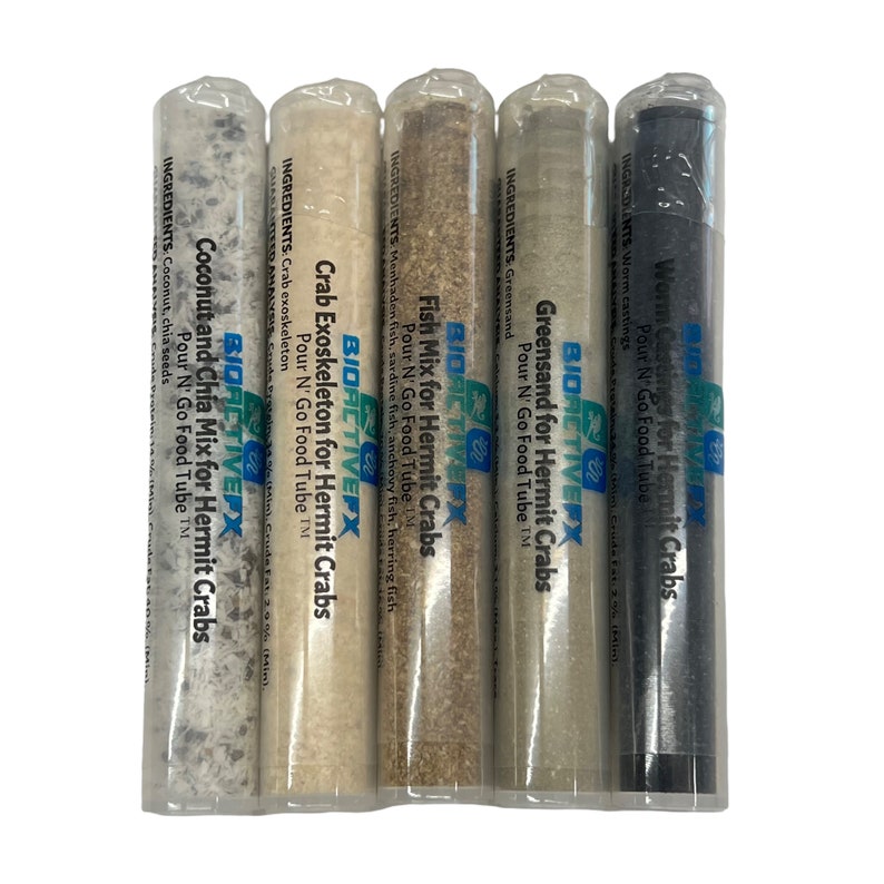 May include: Five clear plastic tubes containing different types of food for hermit crabs. The tubes are labeled with the ingredients and the brand name "BIOACTIVEFX". The labels also say "Pour N' Go Food Tube TM".