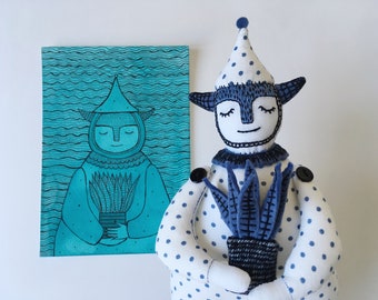 Art doll water dwarf Vasily & hand made postcard – 2in1 – Not Imaginary Friends and Chuzhestranka Otkritki limited edition collaboration