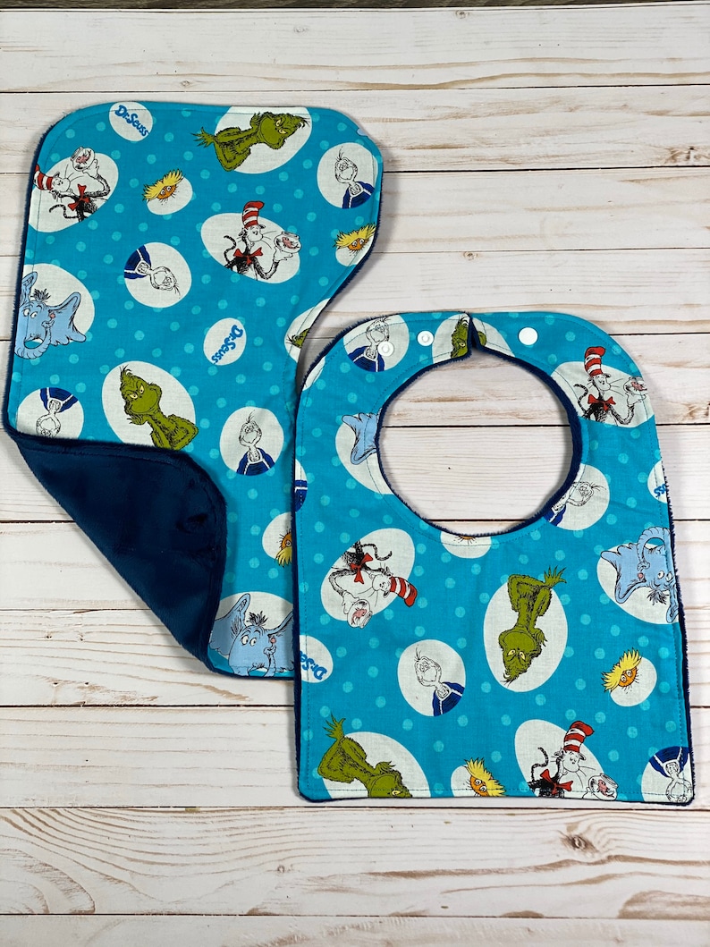Bib and burp rag set of 2 One standard baby bib and One burp rag Cat Hat baby bib set Choose back color cartoon baby bib gift set