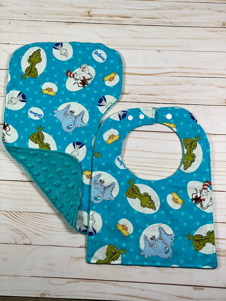 Bib and burp rag set of 2 One standard baby bib and One burp rag Cat Hat baby bib set Choose back color cartoon baby bib gift set