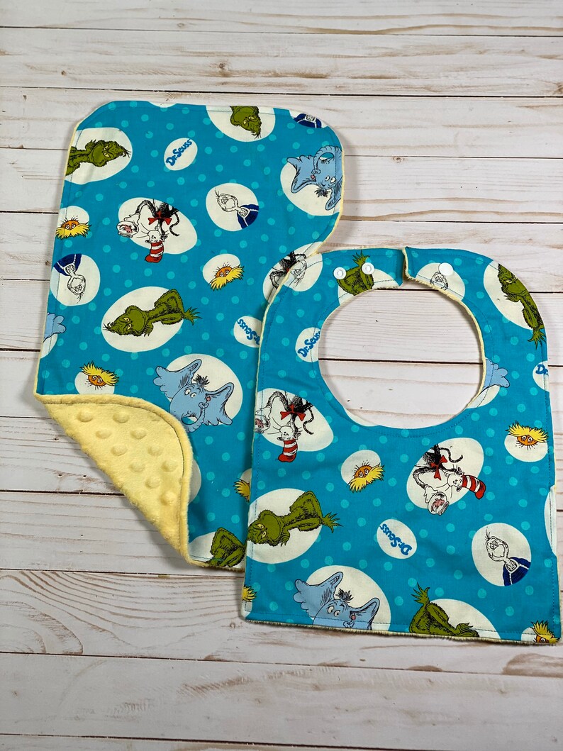 Bib and burp rag set of 2 One standard baby bib and One burp rag Cat Hat baby bib set Choose back color cartoon baby bib gift set