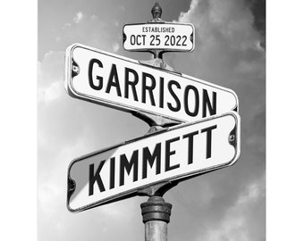 Könnte beinhalten: Schwarzweißfoto von zwei Straßenschildern mit den Namen "Garrison" und "Kimmett". Die Schilder sind an einem Pfahl vor einem bewölkten Himmel angebracht. Ein kleines Schild über den Straßenschildern lautet "Gegründet am 25. Oktober 2022".